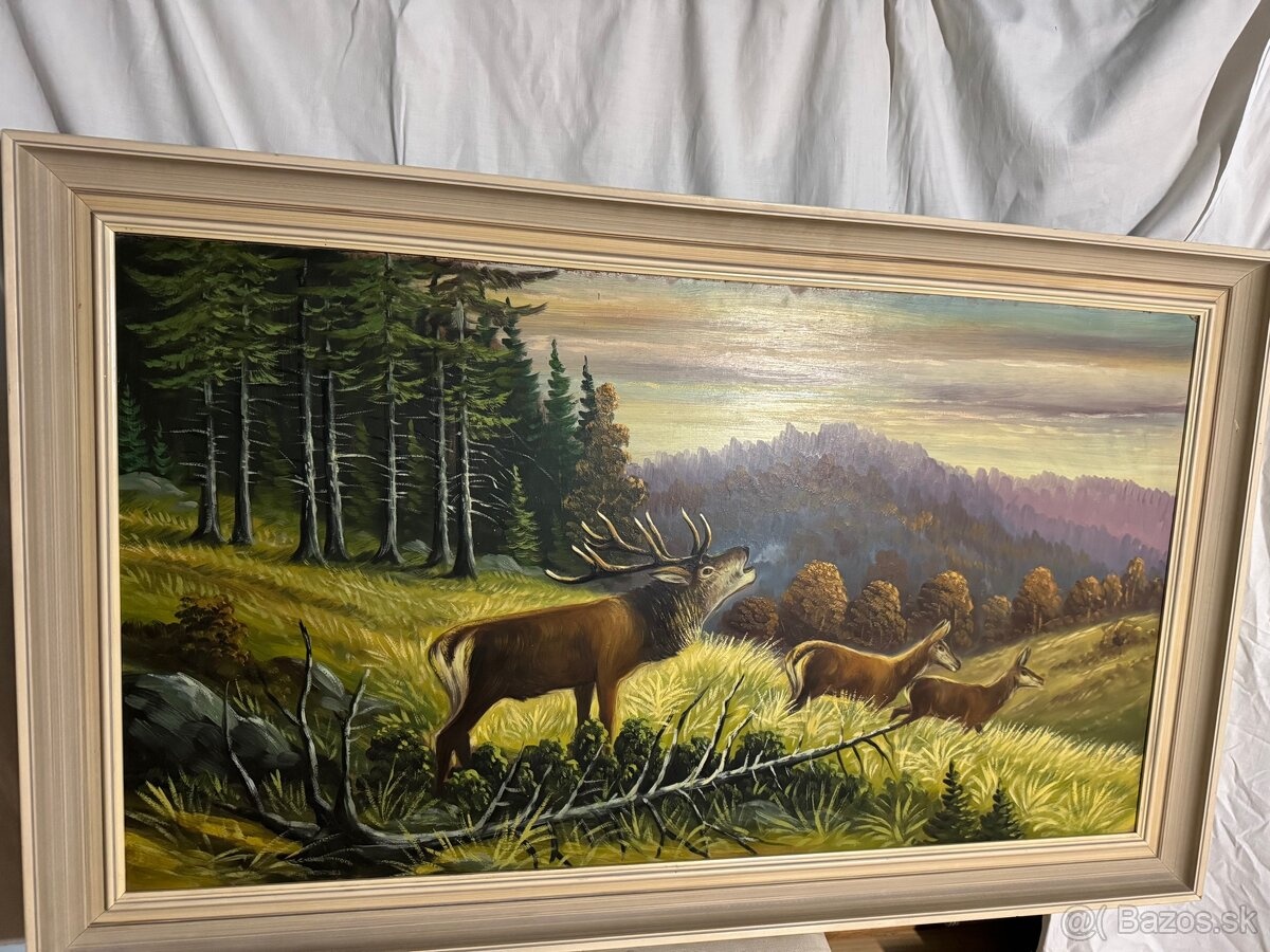 Ölgemälde Rotwild in Bergtal (1960, 122×74 cm)