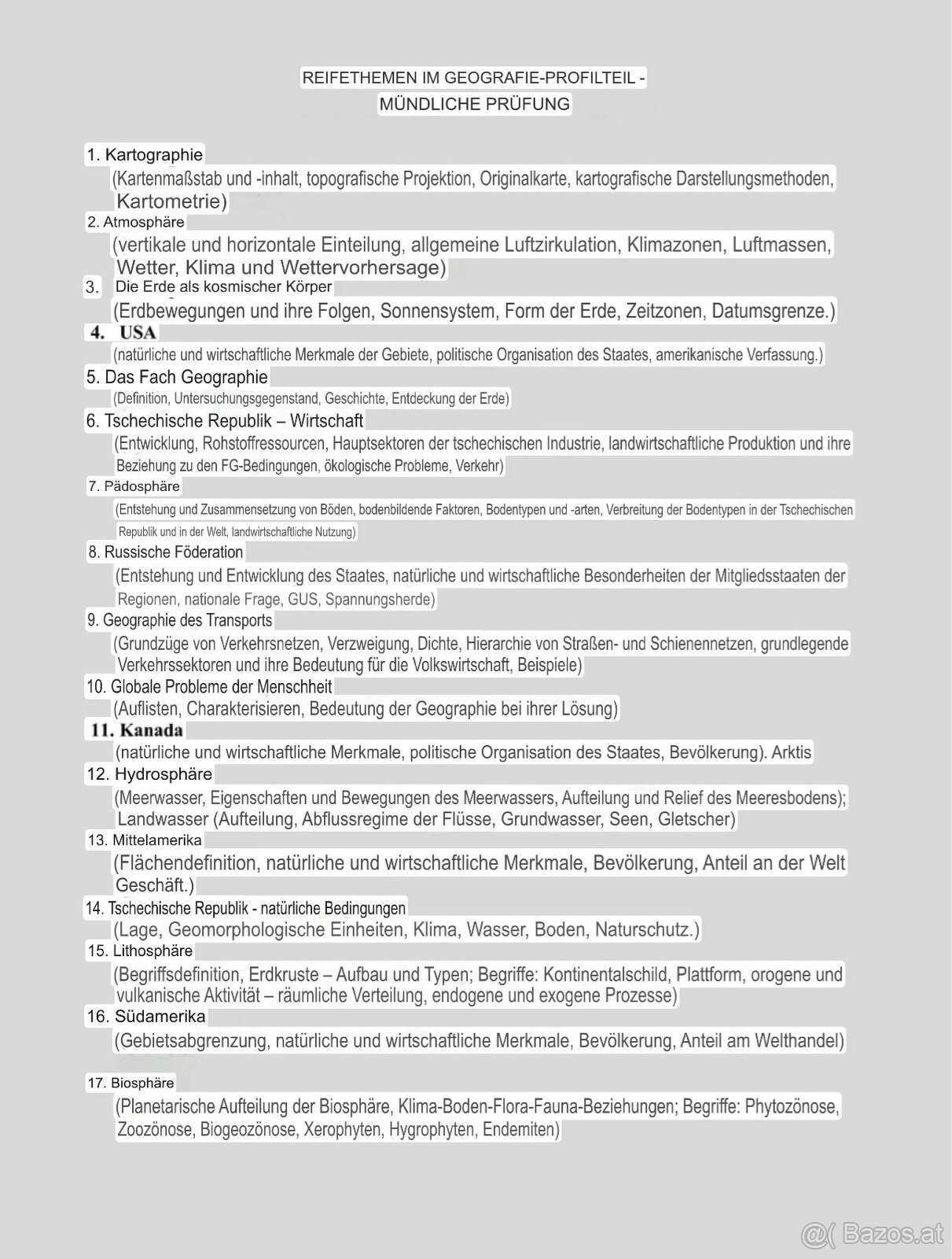 Maturafragen Geographie (mündliche Prüfung)
