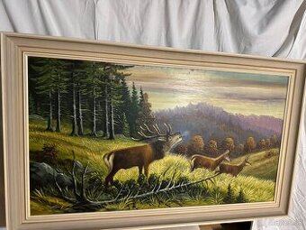 Ölgemälde Rotwild in Bergtal (1960, 122×74 cm)