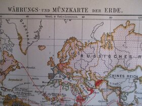 Währungs und Münzkarte der ERDE alter Druck um 1905 - 2